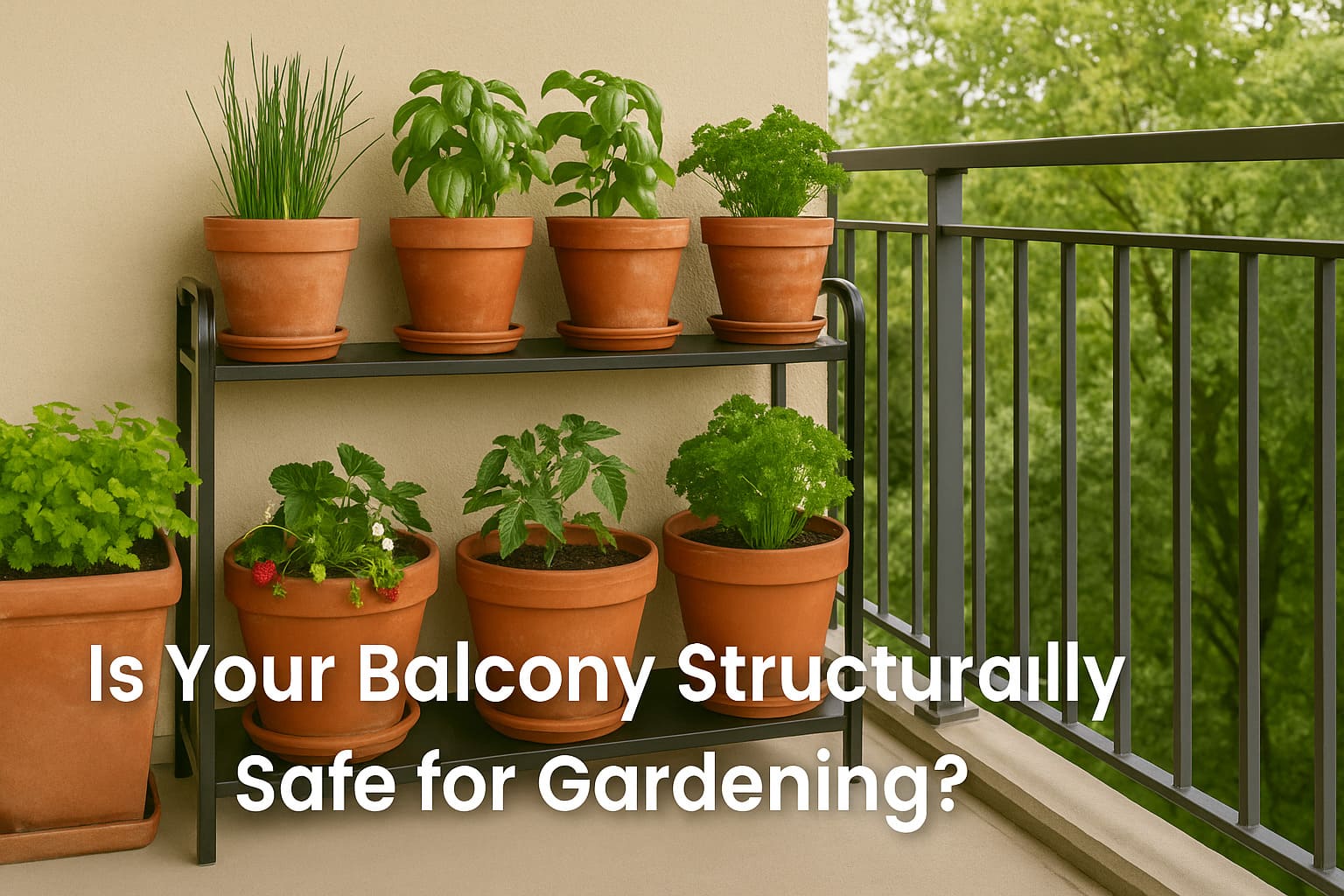 Urban Plant balcony garden with terracotta pots and metal railings — is your balcony structurally safe for gardening in Indian urban apartments